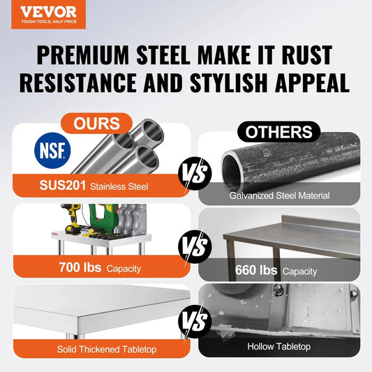 VEVOR Stainless Steel Work Table with Wheels 24 x 12 x 32 Inch Prep Table with 4 Casters Heavy Duty Work Table for Commercial Kitchen Restaurant Business - Mekamart Australia