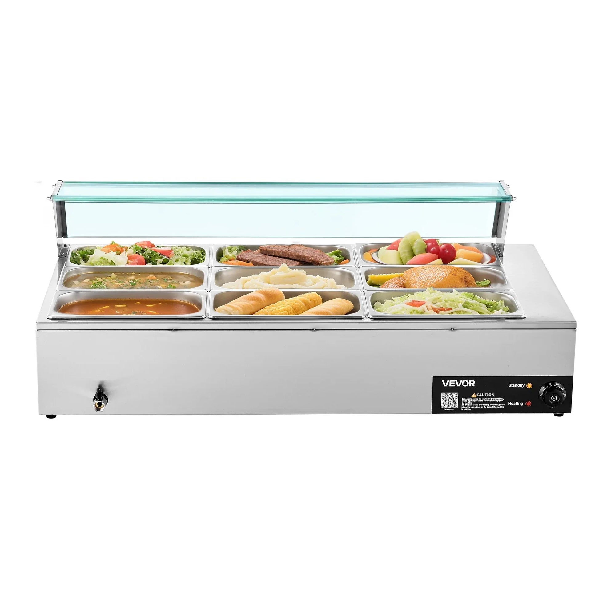 VEVOR Commercial Food Warmer, 1500W Electric Stainless Steel Steam Food Warmer with Glass Cover, 9-Pan Countertop Buffet Bain Marie with Soup & Perforated Ladles, for Catering, Restaurant & Party - Mekamart Australia