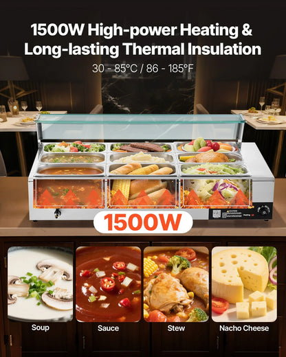 VEVOR Commercial Food Warmer, 1500W Electric Stainless Steel Steam Food Warmer with Glass Cover, 9-Pan Countertop Buffet Bain Marie with Soup & Perforated Ladles, for Catering, Restaurant & Party - Mekamart Australia