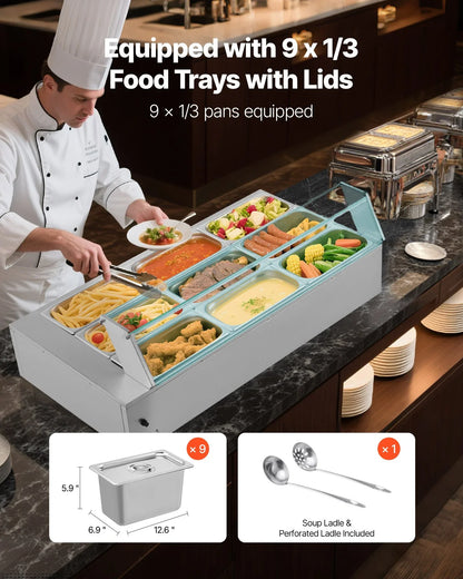 VEVOR Commercial Food Warmer, 1500W Electric Stainless Steel Steam Food Warmer with Glass Cover, 9-Pan Countertop Buffet Bain Marie with Soup & Perforated Ladles, for Catering, Restaurant & Party - Mekamart Australia