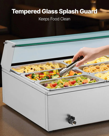 VEVOR Commercial Food Warmer, 1500W Electric Stainless Steel Steam Food Warmer with Glass Cover, 9-Pan Countertop Buffet Bain Marie with Soup & Perforated Ladles, for Catering, Restaurant & Party - Mekamart Australia