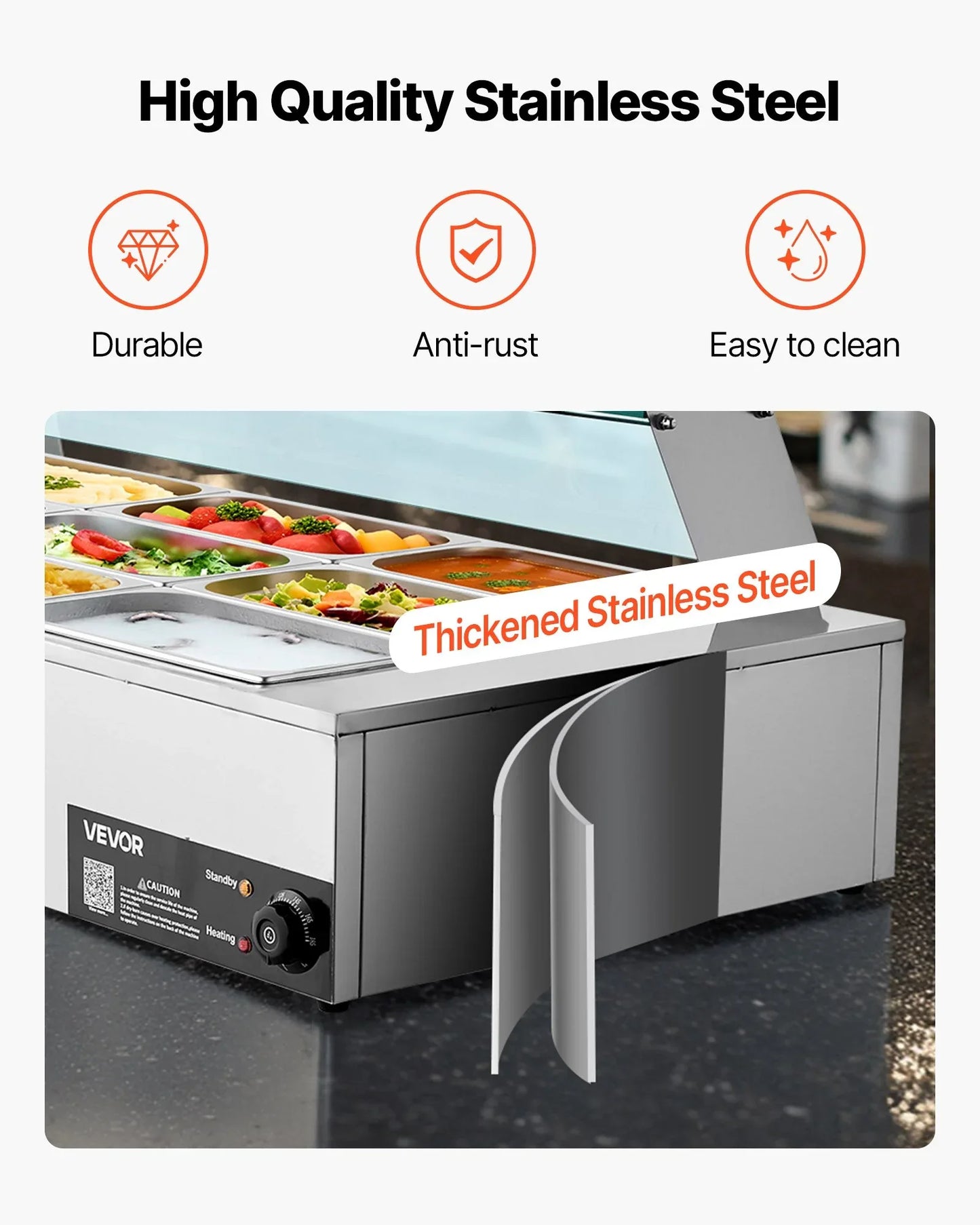 VEVOR Commercial Food Warmer, 1500W Electric Stainless Steel Steam Food Warmer with Glass Cover, 9-Pan Countertop Buffet Bain Marie with Soup & Perforated Ladles, for Catering, Restaurant & Party - Mekamart Australia