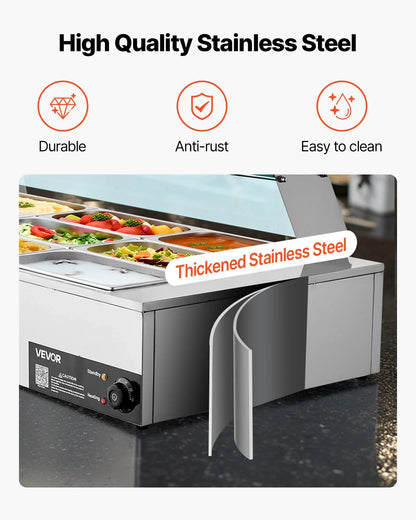 VEVOR Commercial Food Warmer, 1500W Electric Stainless Steel Steam Food Warmer with Glass Cover, 9-Pan Countertop Buffet Bain Marie with Soup & Perforated Ladles, for Catering, Restaurant & Party - Mekamart Australia