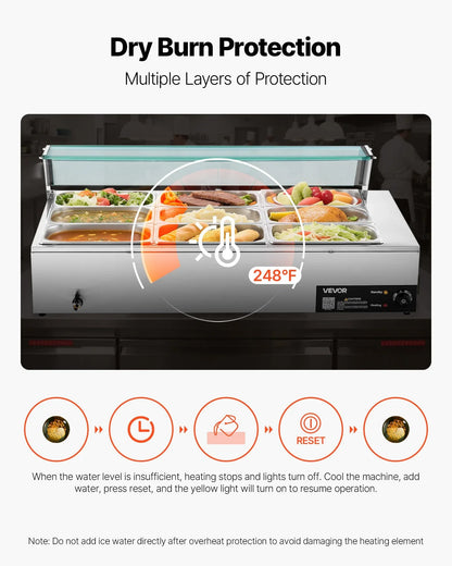 VEVOR Commercial Food Warmer, 1500W Electric Stainless Steel Steam Food Warmer with Glass Cover, 9-Pan Countertop Buffet Bain Marie with Soup & Perforated Ladles, for Catering, Restaurant & Party - Mekamart Australia