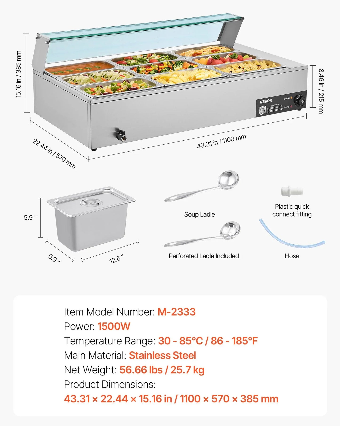 VEVOR Commercial Food Warmer, 1500W Electric Stainless Steel Steam Food Warmer with Glass Cover, 9-Pan Countertop Buffet Bain Marie with Soup & Perforated Ladles, for Catering, Restaurant & Party - Mekamart Australia