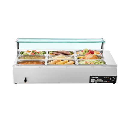 VEVOR Commercial Food Warmer, 1500W Electric Stainless Steel Steam Food Warmer with Glass Cover, 9-Pan Countertop Buffet Bain Marie with Soup & Perforated Ladles, for Catering, Restaurant & Party - Mekamart Australia