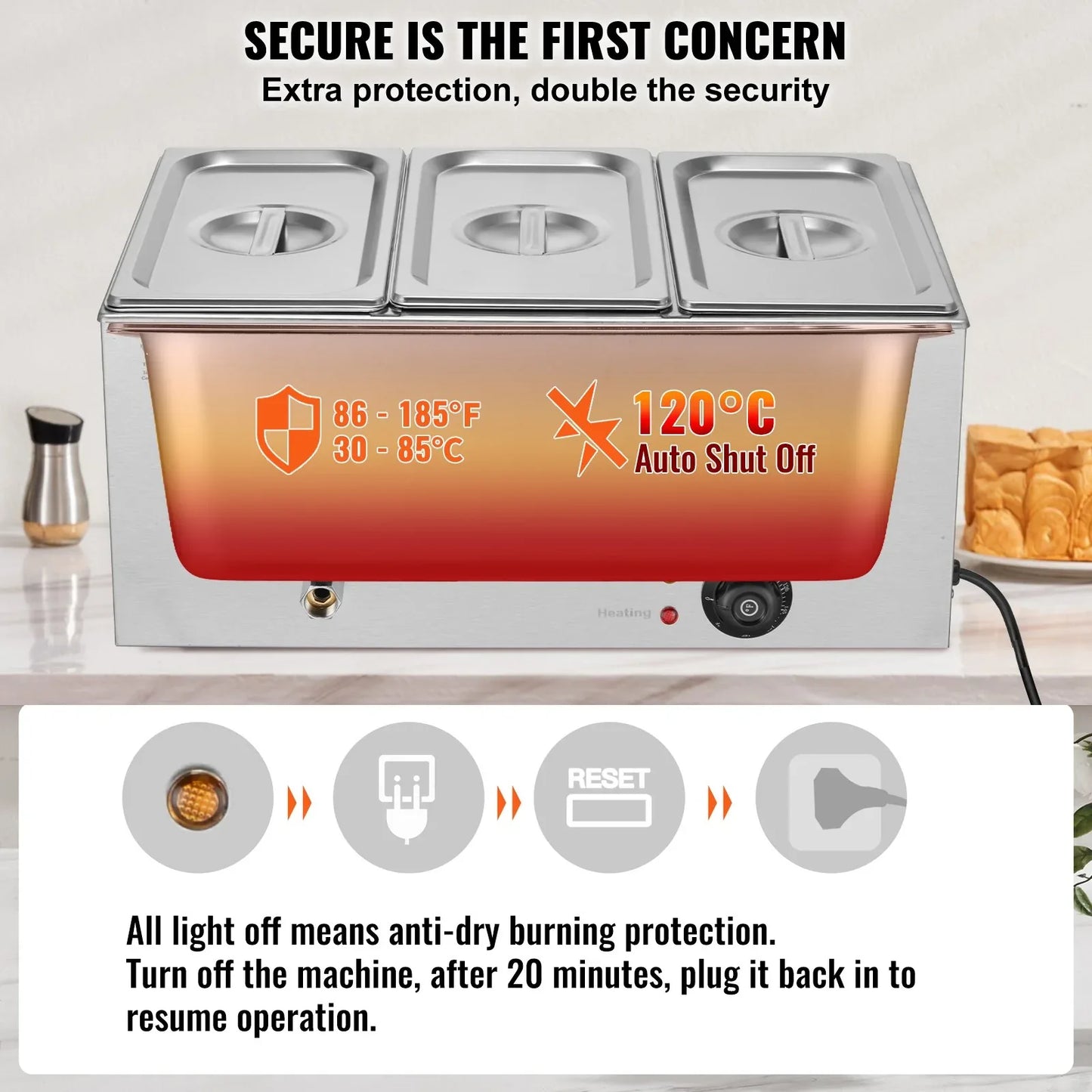 VEVOR 3-Pan Commercial Food Warmer, 16.5L Electric Steam Table, 1200W Professional Countertop Stainless Steel Buffet Bain Marie with 30 - 85℃ Temp Control for Catering and Restaurants, Silver - Mekamart Australia