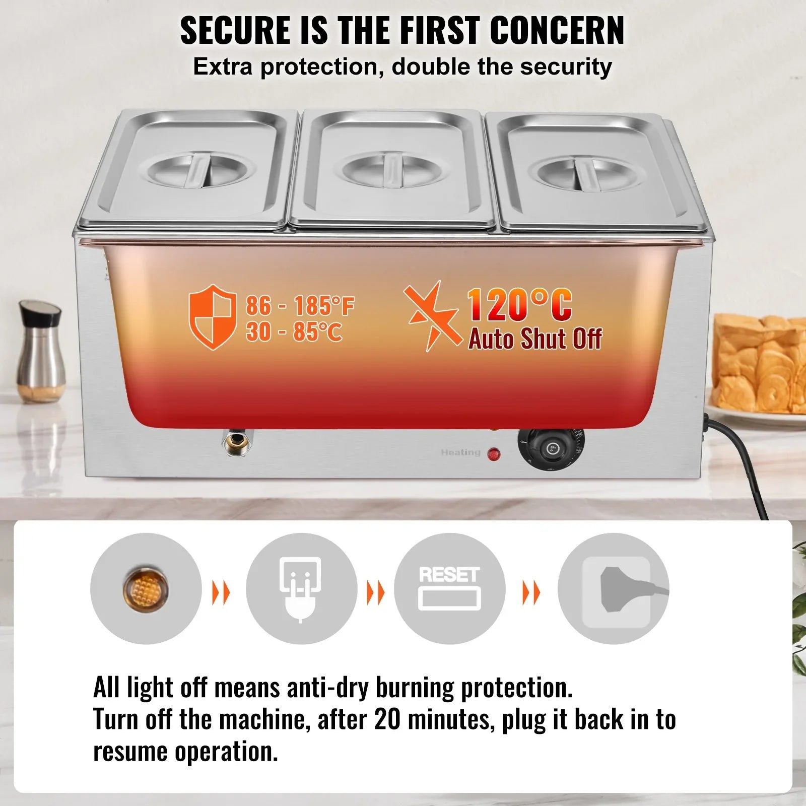 VEVOR 3-Pan Commercial Food Warmer, 16.5L Electric Steam Table, 1200W Professional Countertop Stainless Steel Buffet Bain Marie with 30 - 85℃ Temp Control for Catering and Restaurants, Silver - Mekamart Australia