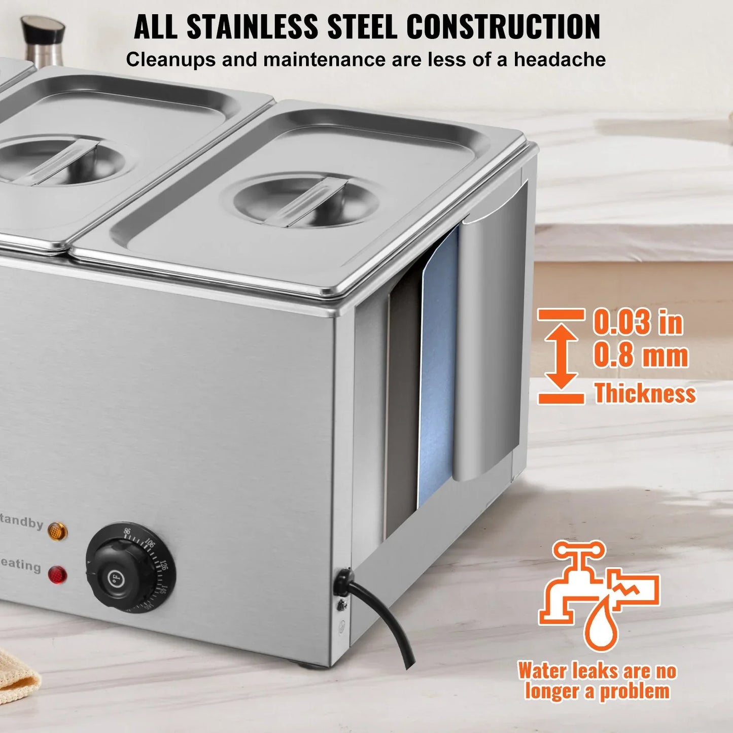 VEVOR 3-Pan Commercial Food Warmer, 16.5L Electric Steam Table, 1200W Professional Countertop Stainless Steel Buffet Bain Marie with 30 - 85℃ Temp Control for Catering and Restaurants, Silver - Mekamart Australia