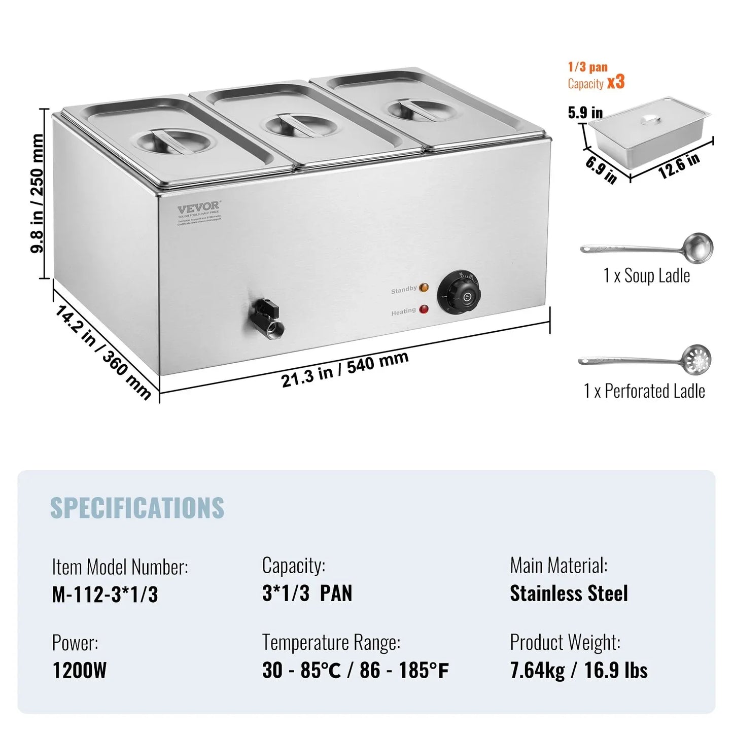 VEVOR 3-Pan Commercial Food Warmer, 16.5L Electric Steam Table, 1200W Professional Countertop Stainless Steel Buffet Bain Marie with 30 - 85℃ Temp Control for Catering and Restaurants, Silver - Mekamart Australia