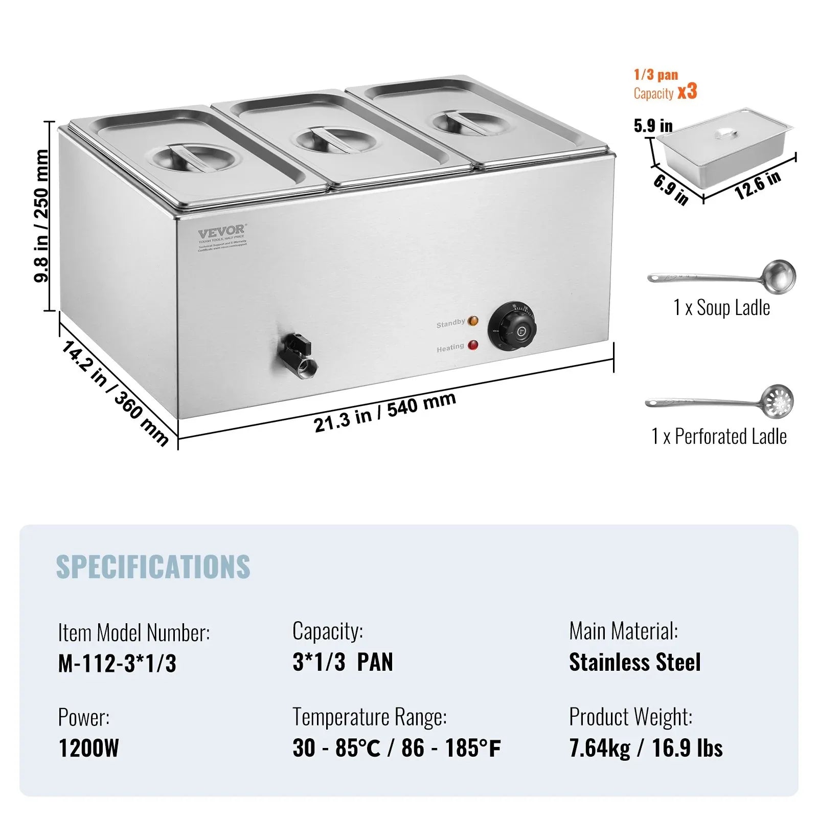 VEVOR 3-Pan Commercial Food Warmer, 16.5L Electric Steam Table, 1200W Professional Countertop Stainless Steel Buffet Bain Marie with 30 - 85℃ Temp Control for Catering and Restaurants, Silver - Mekamart Australia