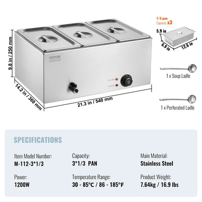 VEVOR 3-Pan Commercial Food Warmer, 16.5L Electric Steam Table, 1200W Professional Countertop Stainless Steel Buffet Bain Marie with 30 - 85℃ Temp Control for Catering and Restaurants, Silver - Mekamart Australia