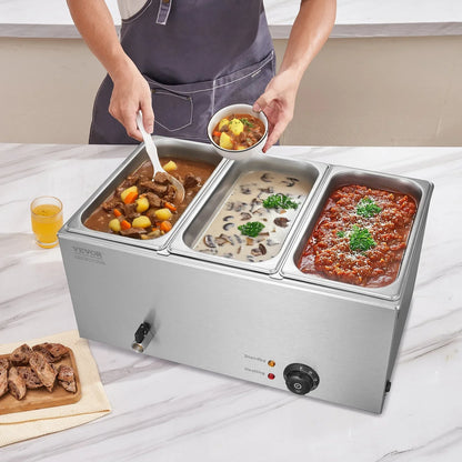 VEVOR 3-Pan Commercial Food Warmer, 16.5L Electric Steam Table, 1200W Professional Countertop Stainless Steel Buffet Bain Marie with 30 - 85℃ Temp Control for Catering and Restaurants, Silver - Mekamart Australia
