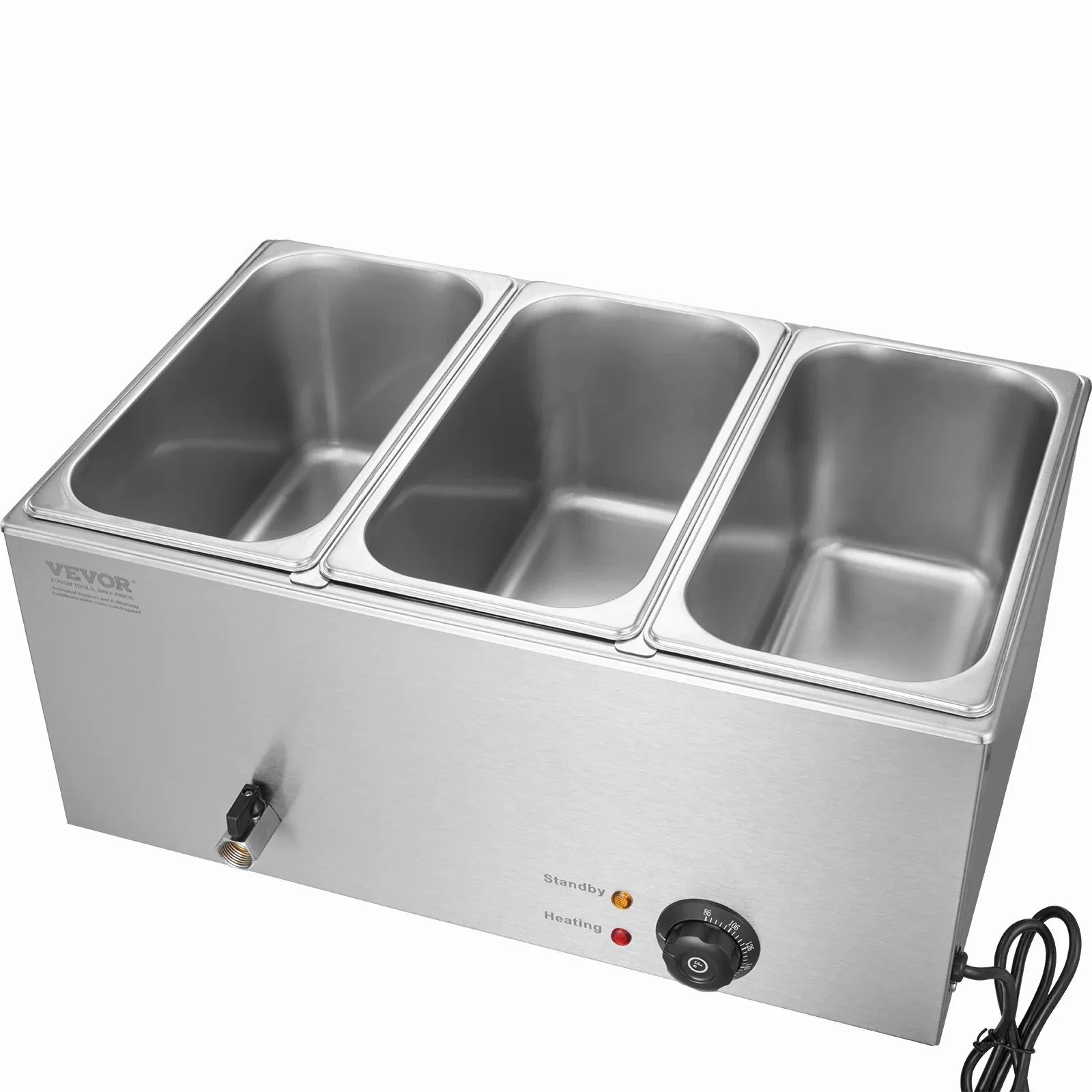 VEVOR 3-Pan Commercial Food Warmer, 16.5L Electric Steam Table, 1200W Professional Countertop Stainless Steel Buffet Bain Marie with 30 - 85℃ Temp Control for Catering and Restaurants, Silver - Mekamart Australia