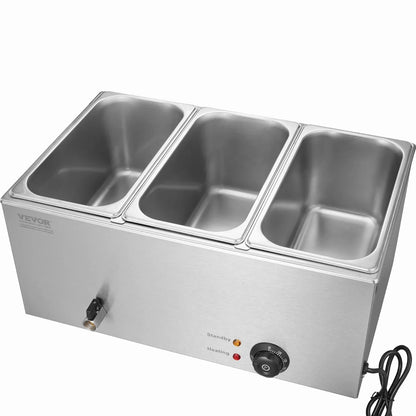 VEVOR 3-Pan Commercial Food Warmer, 16.5L Electric Steam Table, 1200W Professional Countertop Stainless Steel Buffet Bain Marie with 30 - 85℃ Temp Control for Catering and Restaurants, Silver - Mekamart Australia