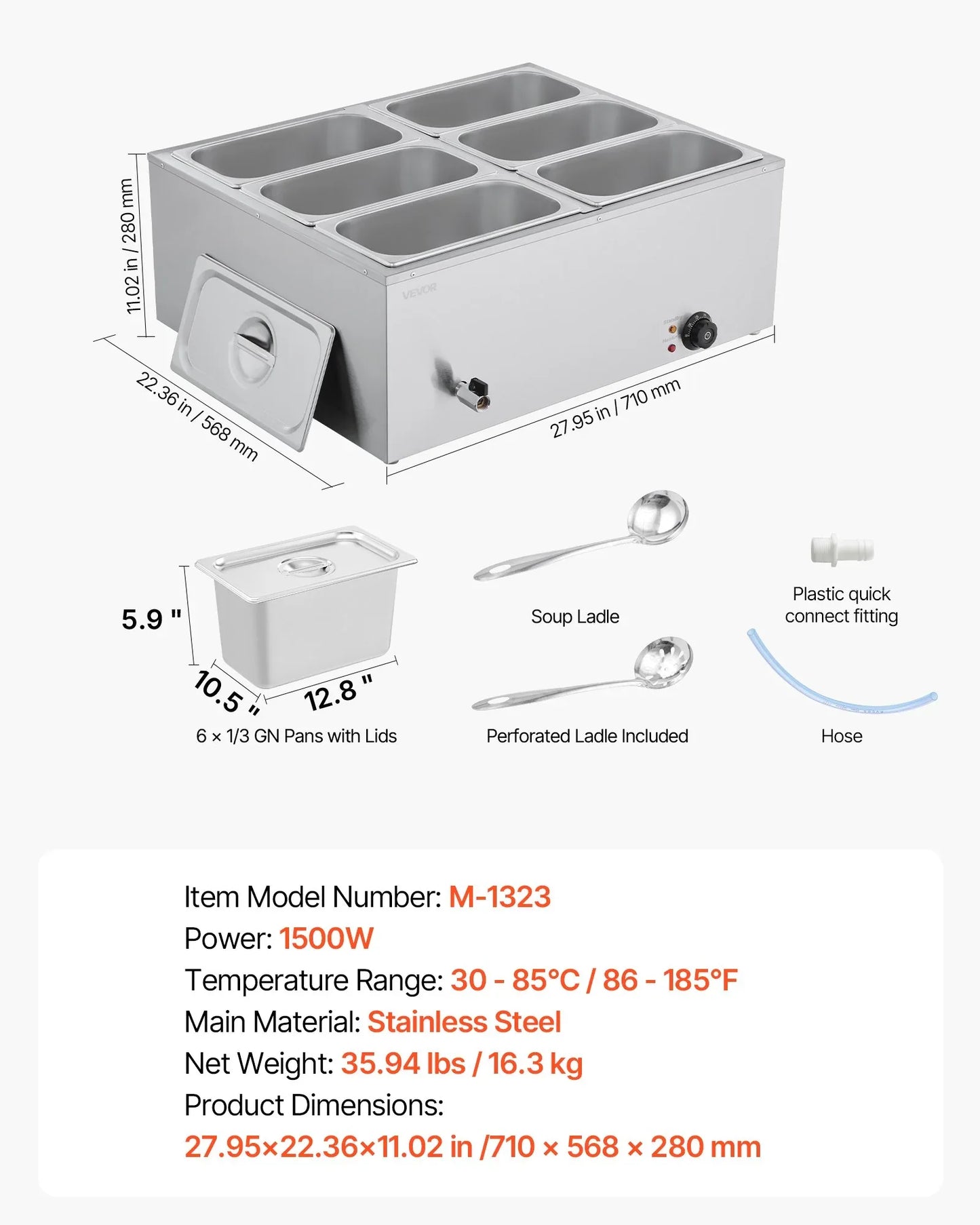 VEVOR Commercial Food Warmer, 1500W Electric Stainless Steel Steam Food Warmer with Lid, 6-Pan Fast Heating Countertop Buffet Bain Marie with Soup & Perforated Ladles, for Catering, Restaurant, Party - Mekamart Australia