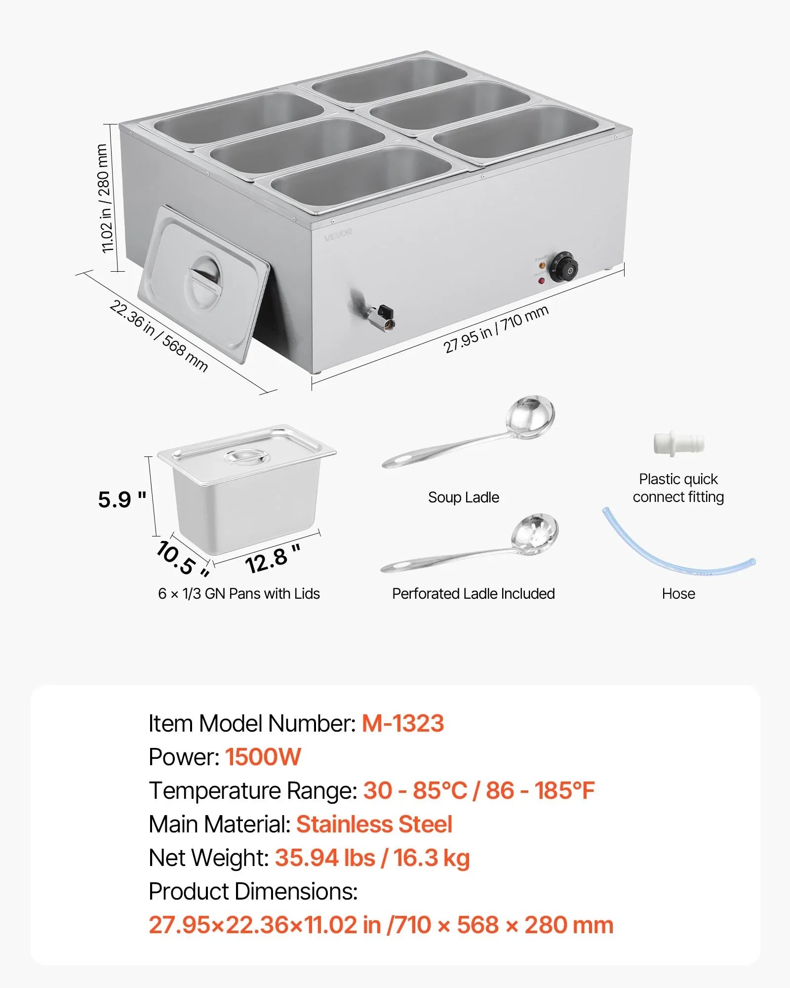 VEVOR Commercial Food Warmer, 1500W Electric Stainless Steel Steam Food Warmer with Lid, 6-Pan Fast Heating Countertop Buffet Bain Marie with Soup & Perforated Ladles, for Catering, Restaurant, Party - Mekamart Australia