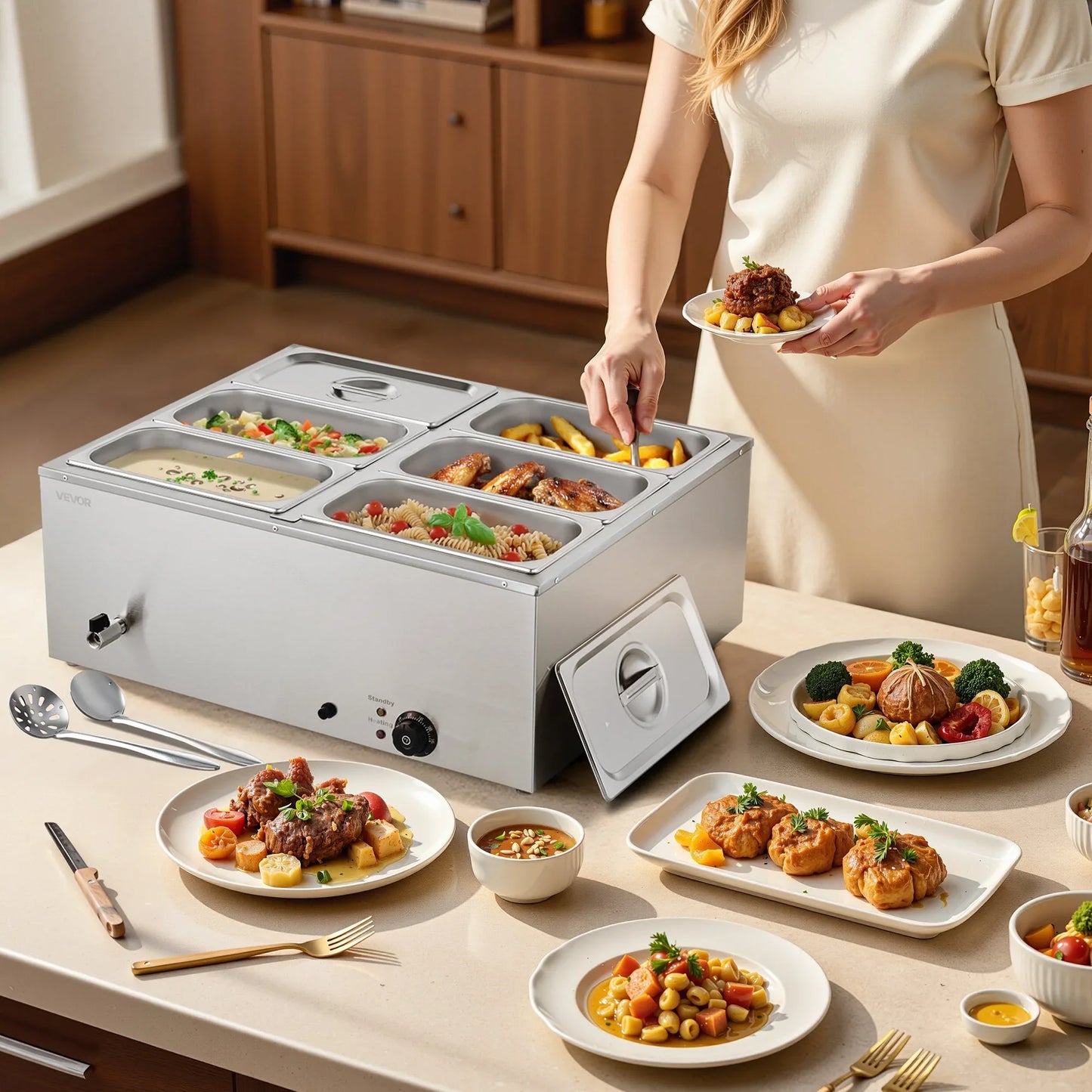 VEVOR Commercial Food Warmer, 1500W Electric Stainless Steel Steam Food Warmer with Lid, 6-Pan Fast Heating Countertop Buffet Bain Marie with Soup & Perforated Ladles, for Catering, Restaurant, Party - Mekamart Australia