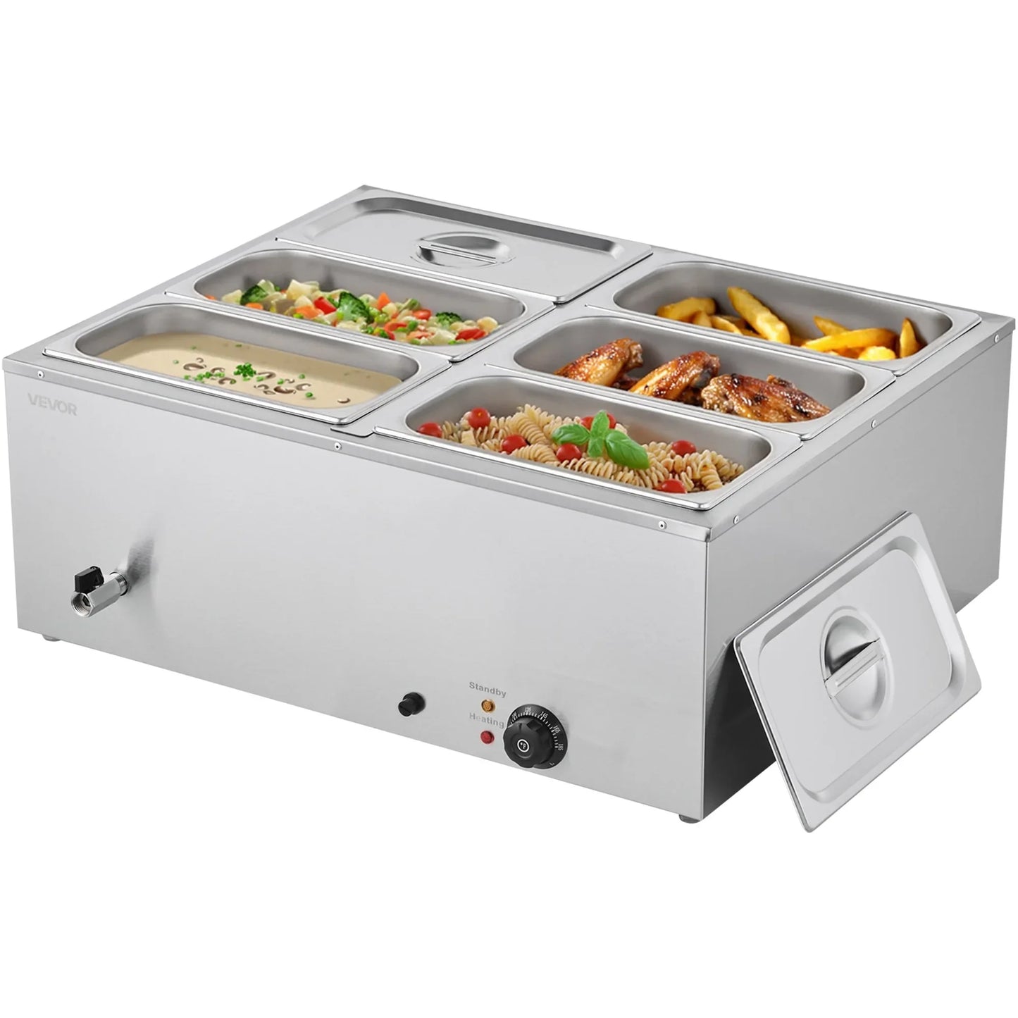 VEVOR Commercial Food Warmer, 1500W Electric Stainless Steel Steam Food Warmer with Lid, 6-Pan Fast Heating Countertop Buffet Bain Marie with Soup & Perforated Ladles, for Catering, Restaurant, Party - Mekamart Australia