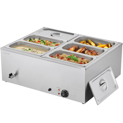 VEVOR Commercial Food Warmer, 1500W Electric Stainless Steel Steam Food Warmer with Lid, 6-Pan Fast Heating Countertop Buffet Bain Marie with Soup & Perforated Ladles, for Catering, Restaurant, Party - Mekamart Australia