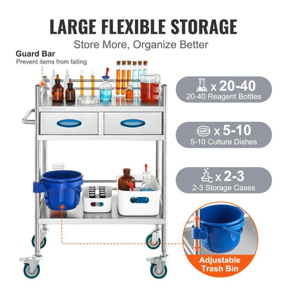 VEVOR Lab Serving Cart, 2 Layers Stainless Steel Utility Rolling Cart, Medical Cart with Two Drawers, Dental Utility Cart with Lockable Wheels and A Bucket, for Laboratory, Hospital, Dental Use - Mekamart Australia
