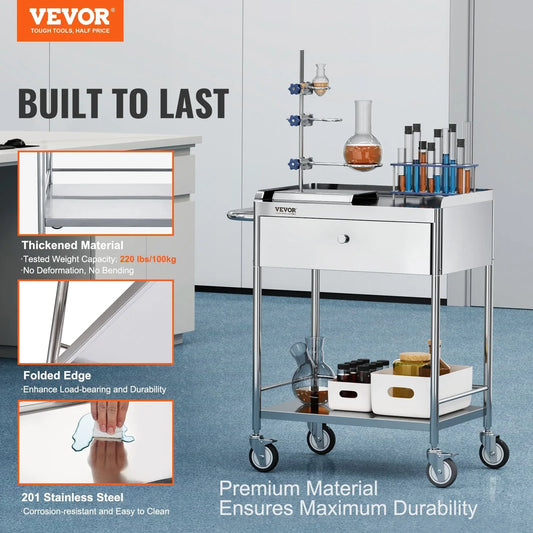 VEVOR Medical Cart, 2 Layer stainless Steel Cart100 kg Weight Capacity Utility Cart Silent Wheels and a Drawer for Lab, Clinic, kitchen, Salon - Mekamart Australia