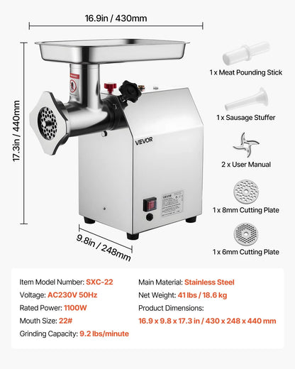 VEVOR Commercial Electric Meat Grinder 9.2 Lbs/Min Sausage Stuffer Maker Kitchen - Mekamart Australia