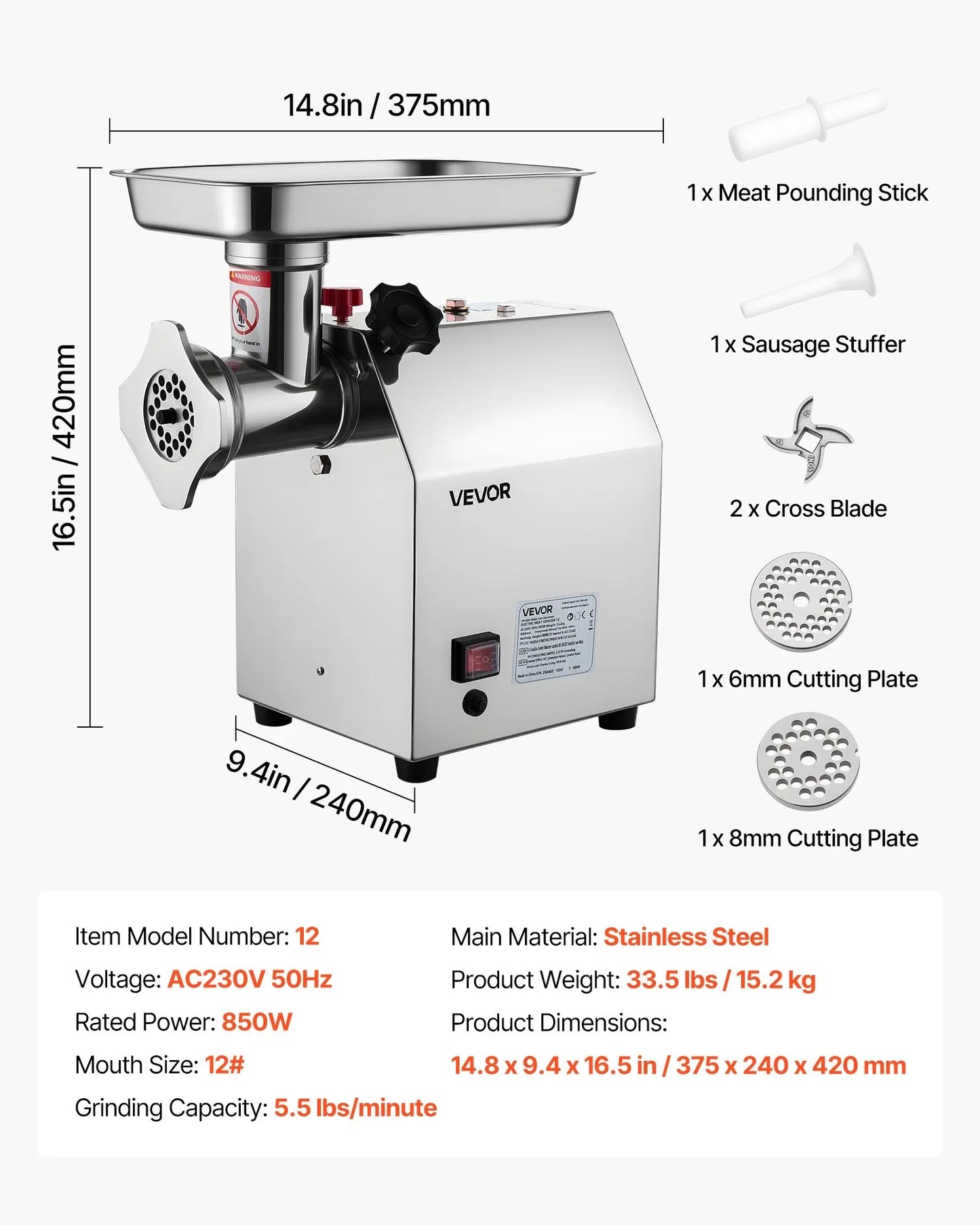 VEVOR Commercial Electric Meat Grinder 5.5 Lbs/Min Sausage Stuffer Maker Kitchen - Mekamart Australia