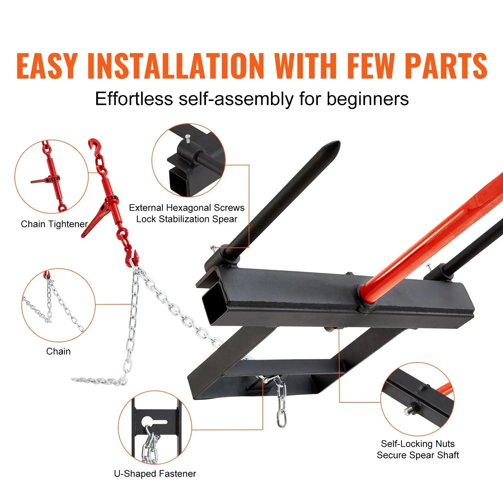 VEVOR 39" Hay Spear, Bale Spears 726kg Loading Capacity, Skid Steer Loader Tractor Bucket Attachment with 2pcs 17.5" Stabilizer Spears and 60" Chain, Quick Attach Spike Forks - Mekamart Australia