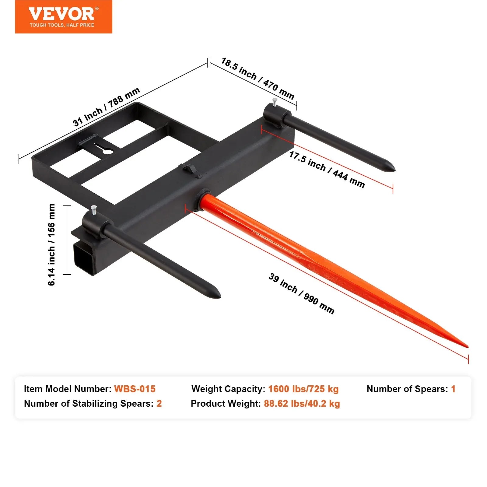 VEVOR 39" Hay Spear, Bale Spears 726kg Loading Capacity, Skid Steer Loader Tractor Bucket Attachment with 2pcs 17.5" Stabilizer Spears and 60" Chain, Quick Attach Spike Forks - Mekamart Australia