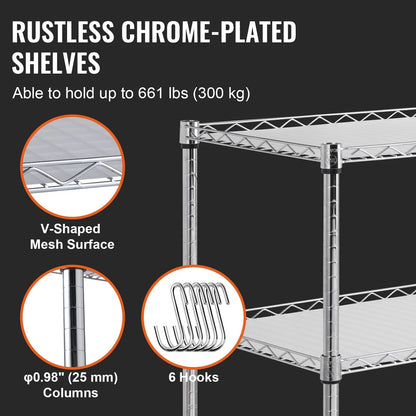 VEVOR Kitchen Utility Cart, 3 Tiers, Wire Rolling Cart, Steel Service Cart on Wheels, Metal Storage Trolley with 80mm Basket Curved Handle PP Liner 6 Hooks, for Indoor and Outdoor - Mekamart Australia