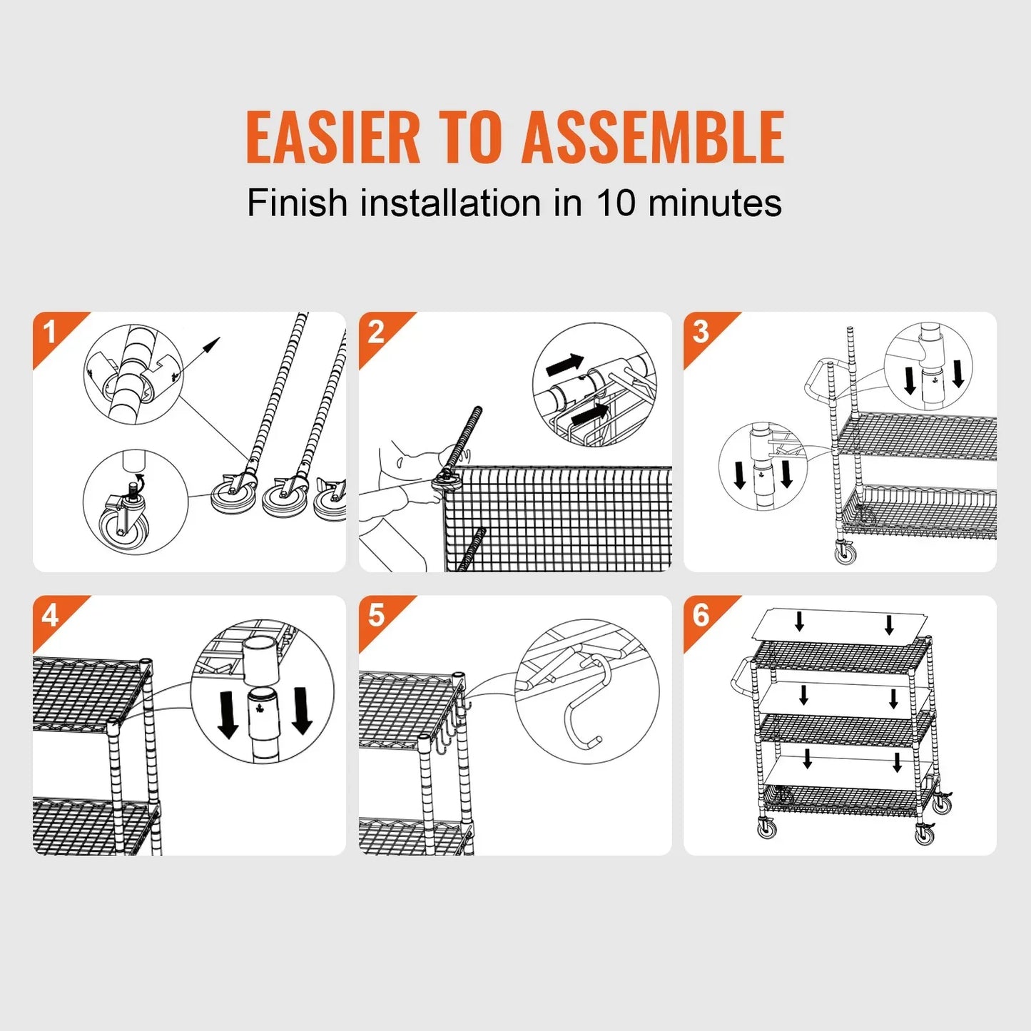 VEVOR Kitchen Utility Cart, 3 Tiers, Wire Rolling Cart, Steel Service Cart on Wheels, Metal Storage Trolley with 80mm Basket Curved Handle PP Liner 6 Hooks, for Indoor and Outdoor - Mekamart Australia
