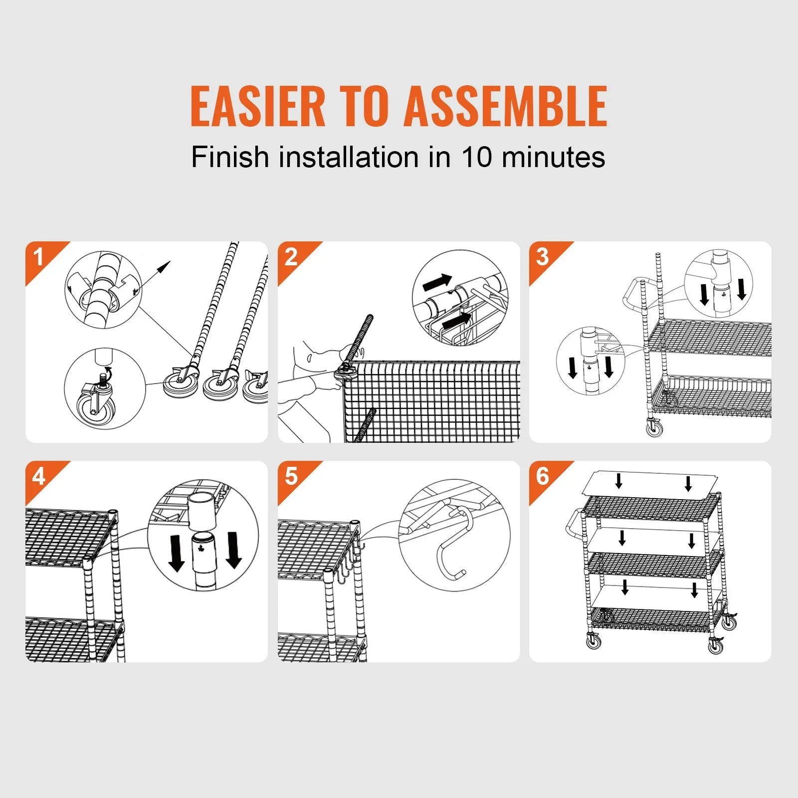 VEVOR Kitchen Utility Cart, 3 Tiers, Wire Rolling Cart, Steel Service Cart on Wheels, Metal Storage Trolley with 80mm Basket Curved Handle PP Liner 6 Hooks, for Indoor and Outdoor - Mekamart Australia