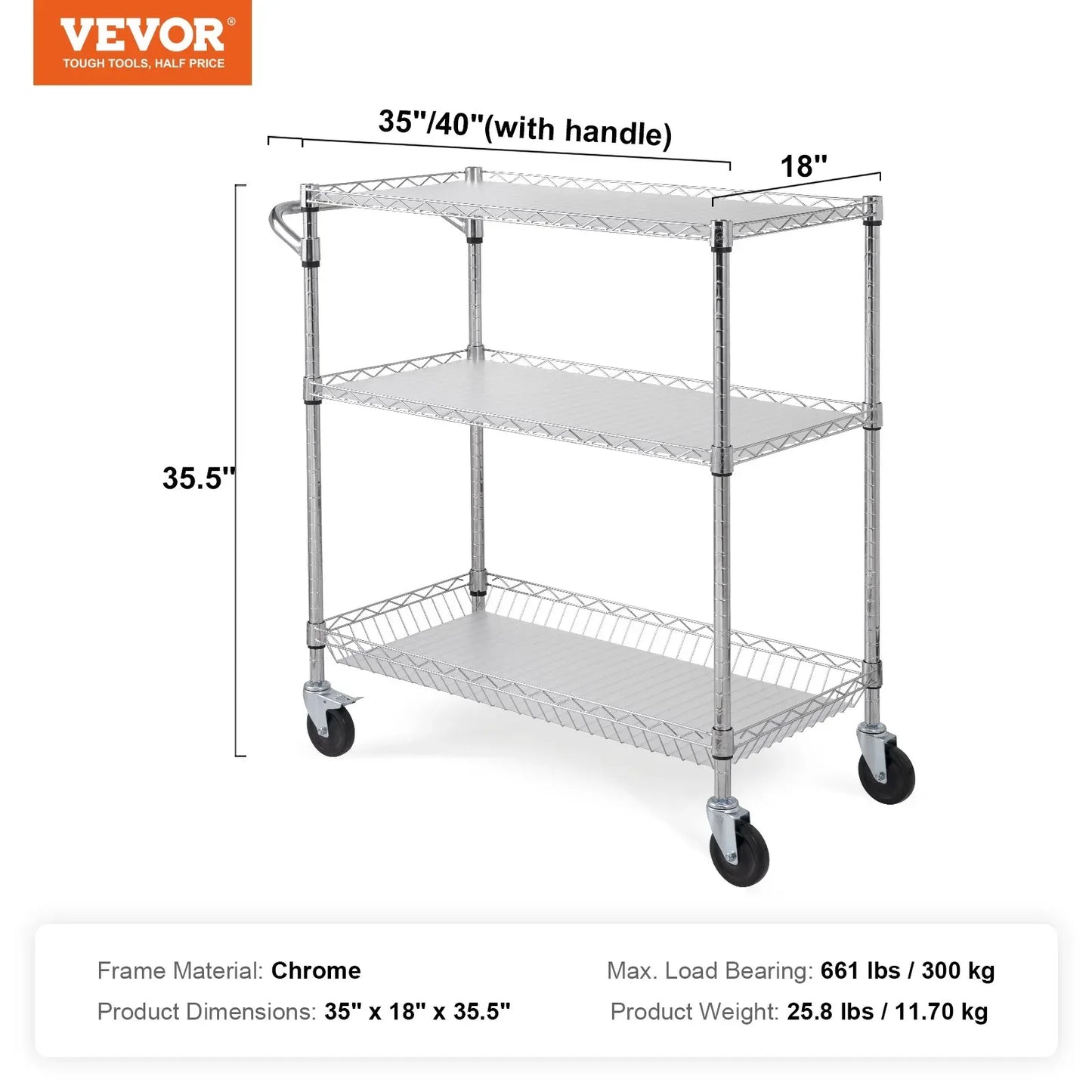 VEVOR Kitchen Utility Cart, 3 Tiers, Wire Rolling Cart, Steel Service Cart on Wheels, Metal Storage Trolley with 80mm Basket Curved Handle PP Liner 6 Hooks, for Indoor and Outdoor - Mekamart Australia