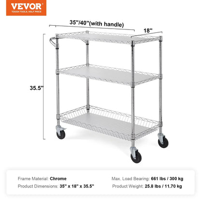VEVOR Kitchen Utility Cart, 3 Tiers, Wire Rolling Cart, Steel Service Cart on Wheels, Metal Storage Trolley with 80mm Basket Curved Handle PP Liner 6 Hooks, for Indoor and Outdoor - Mekamart Australia
