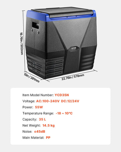 VEVOR Portable Car Refrigerator Freezer Compressor 35L Single Zone for Car Home - Mekamart Australia