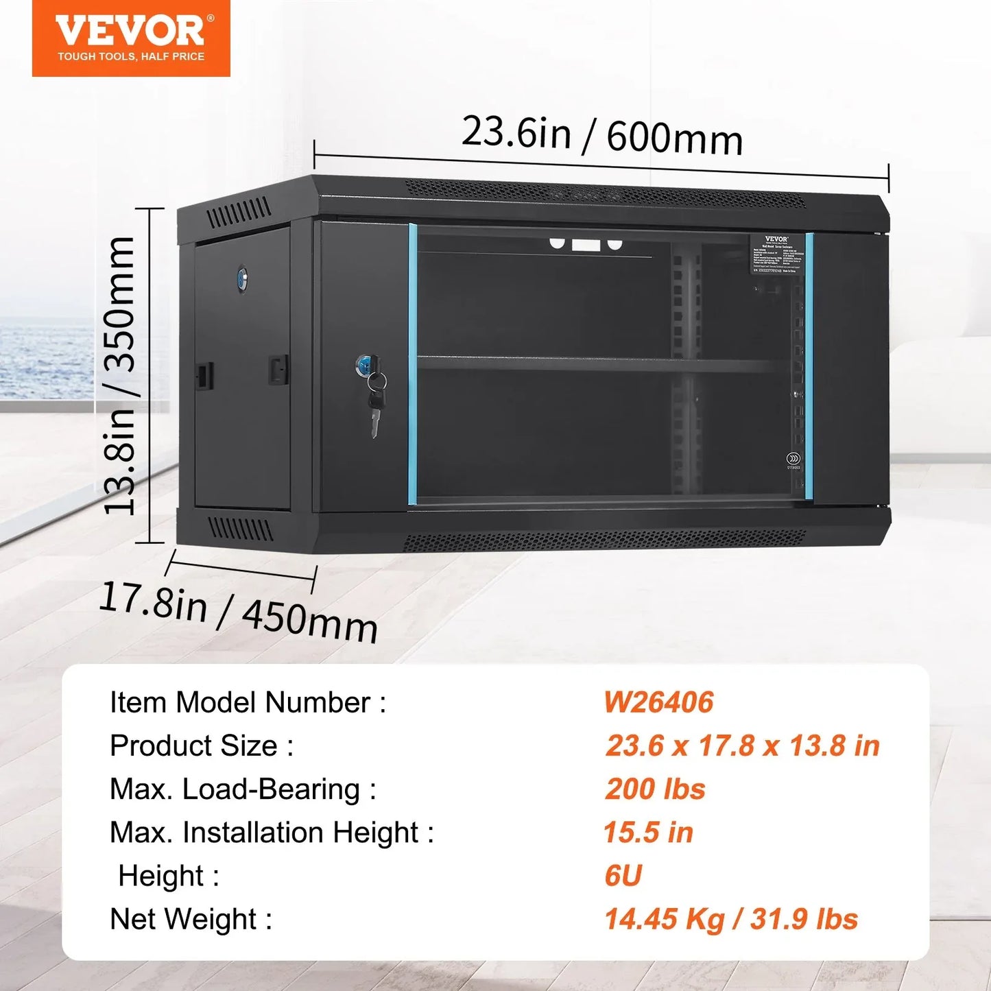 VEVOR 6U Wall Mount Network Server Cabinet, 15.5'' Deep, Server Rack Cabinet Enclosure, 200 lbs Max. Ground-mounted Load Capacity, with Locking Glass Door Side Panels, for IT Equipment, A/V Devices - Mekamart Australia
