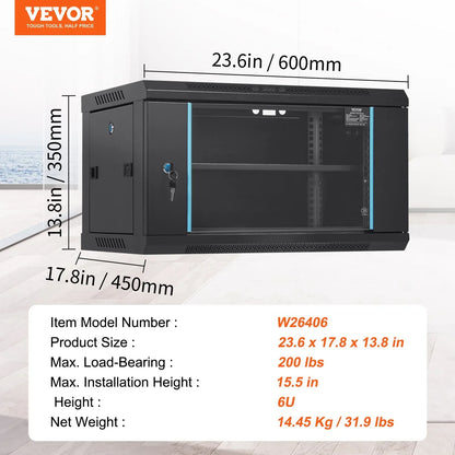 VEVOR 6U Wall Mount Network Server Cabinet, 15.5'' Deep, Server Rack Cabinet Enclosure, 200 lbs Max. Ground-mounted Load Capacity, with Locking Glass Door Side Panels, for IT Equipment, A/V Devices - Mekamart Australia
