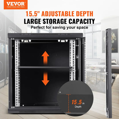 VEVOR 9U Wall Mount Network Server Cabinet, 39.37 cm Deep, Server Rack Cabinet Enclosure, 90.7 kg Max. Ground-mounted Load Capacity, with Locking Glass Door Side Panels, for IT Equipment, A/V Devices - Mekamart Australia