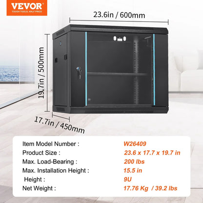 VEVOR 9U Wall Mount Network Server Cabinet, 39.37 cm Deep, Server Rack Cabinet Enclosure, 90.7 kg Max. Ground-mounted Load Capacity, with Locking Glass Door Side Panels, for IT Equipment, A/V Devices - Mekamart Australia