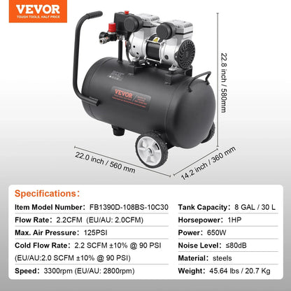 VEVOR Air Compressor Compact Portable Oil Free Compressor 30L 90 PSI - Mekamart Australia
