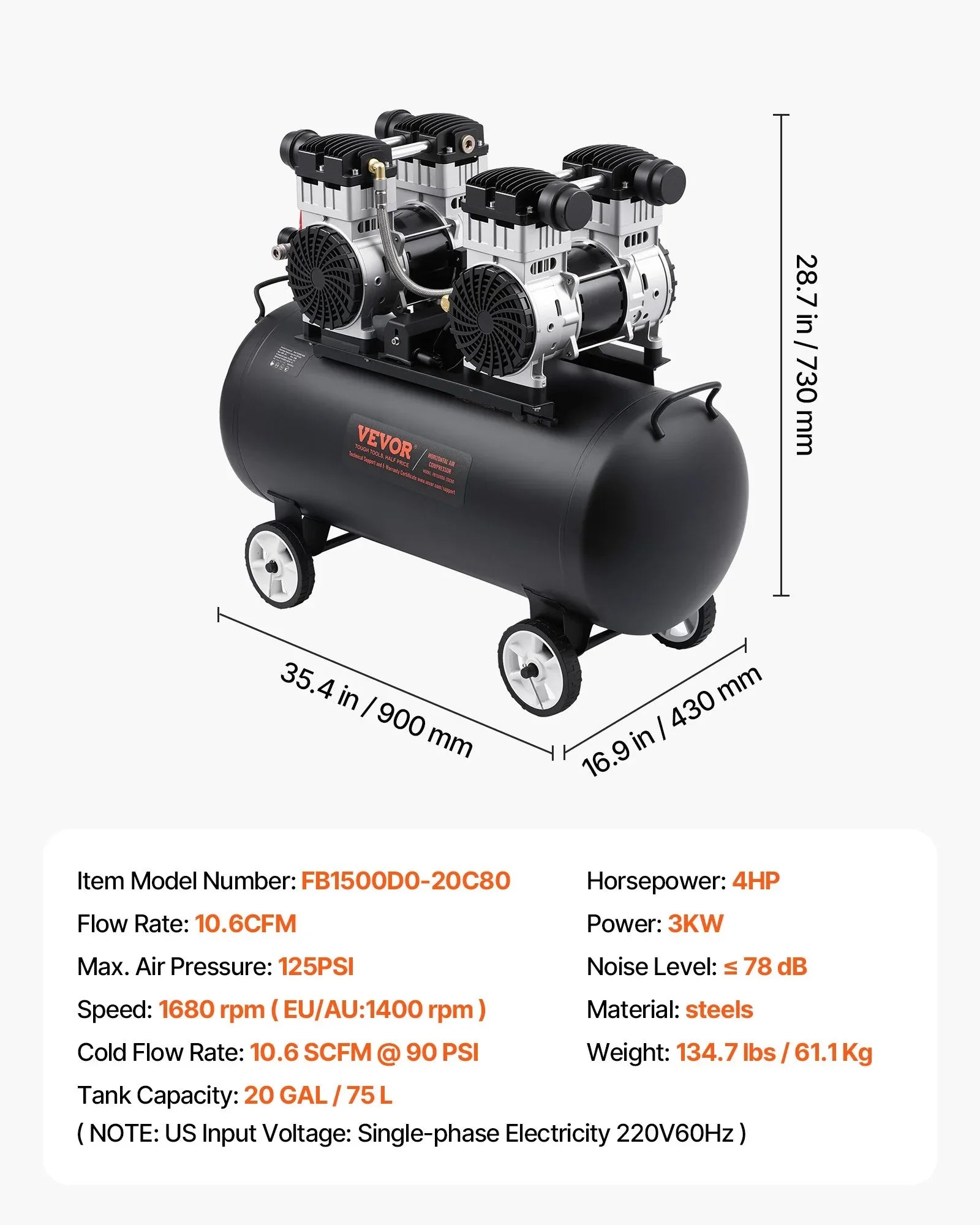 VEVOR Air Compressor Compact Portable Oil Free Compressor 75L 90 PSI - Mekamart Australia