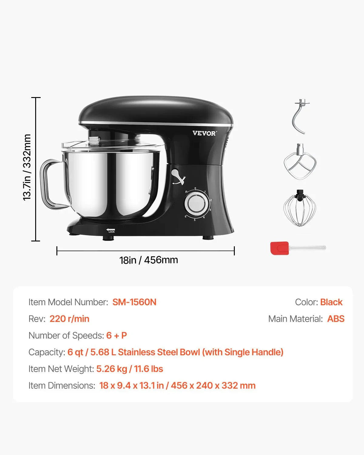 VEVOR Stand Mixer 5.68 L Electric Dough Mixer 1100W 6 + P Speeds Food Beater - Mekamart Australia