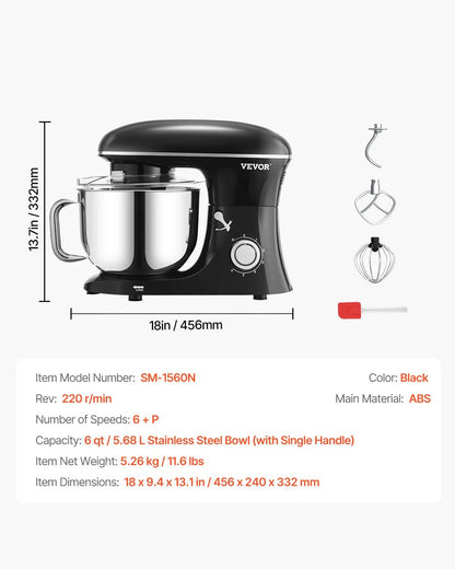 VEVOR Stand Mixer 5.68 L Electric Dough Mixer 1100W 6 + P Speeds Food Beater - Mekamart Australia