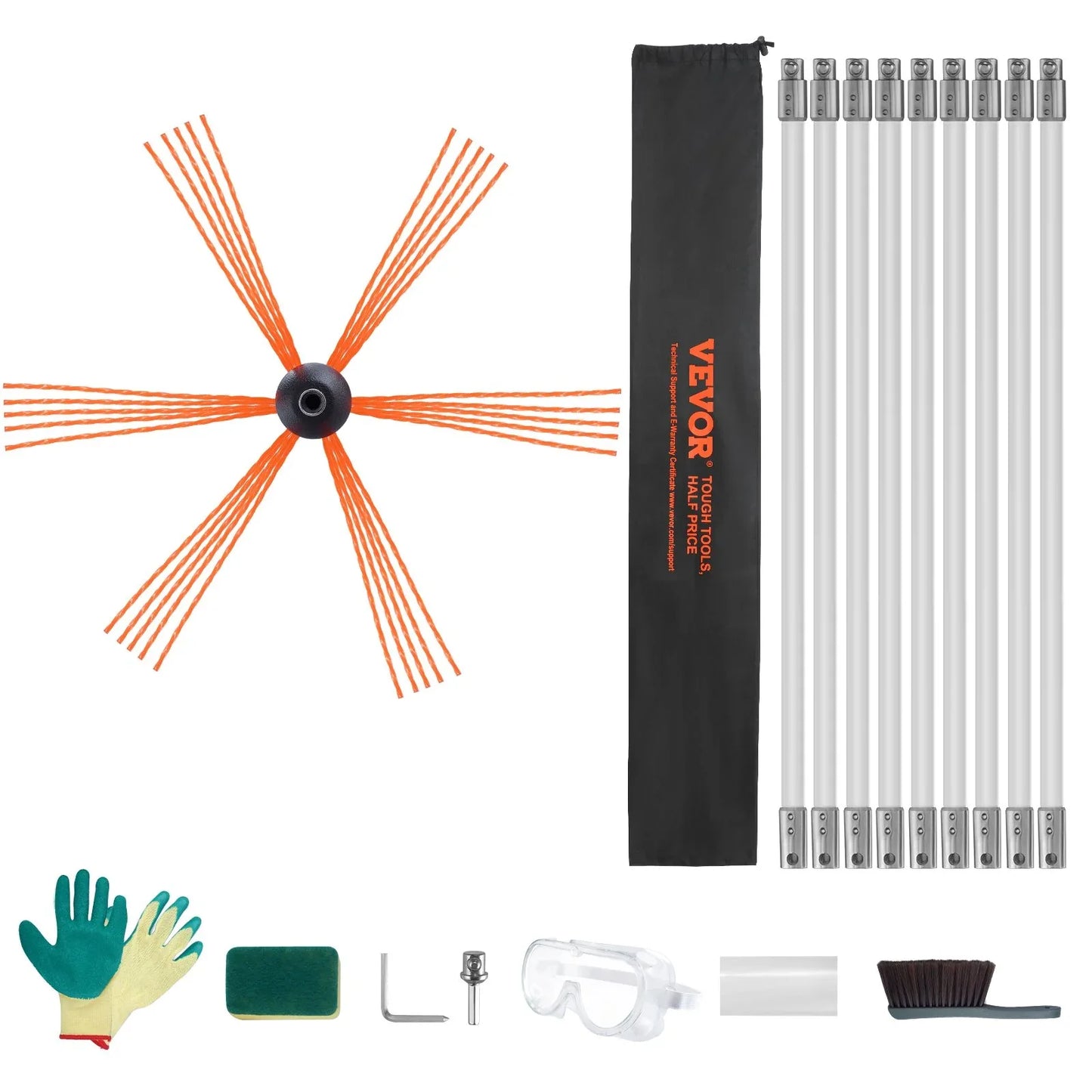 VEVOR 9 m Chimney Sweep Kit, w/ 9 Reinforced Nylon Flexible Rods, Ergonomic Chimney Cleaning Brush, 360-Degree Brush Chimney Cleaner, Rich Accessories for Fireplace Flue Home Use Fits most Pipes - Mekamart Australia