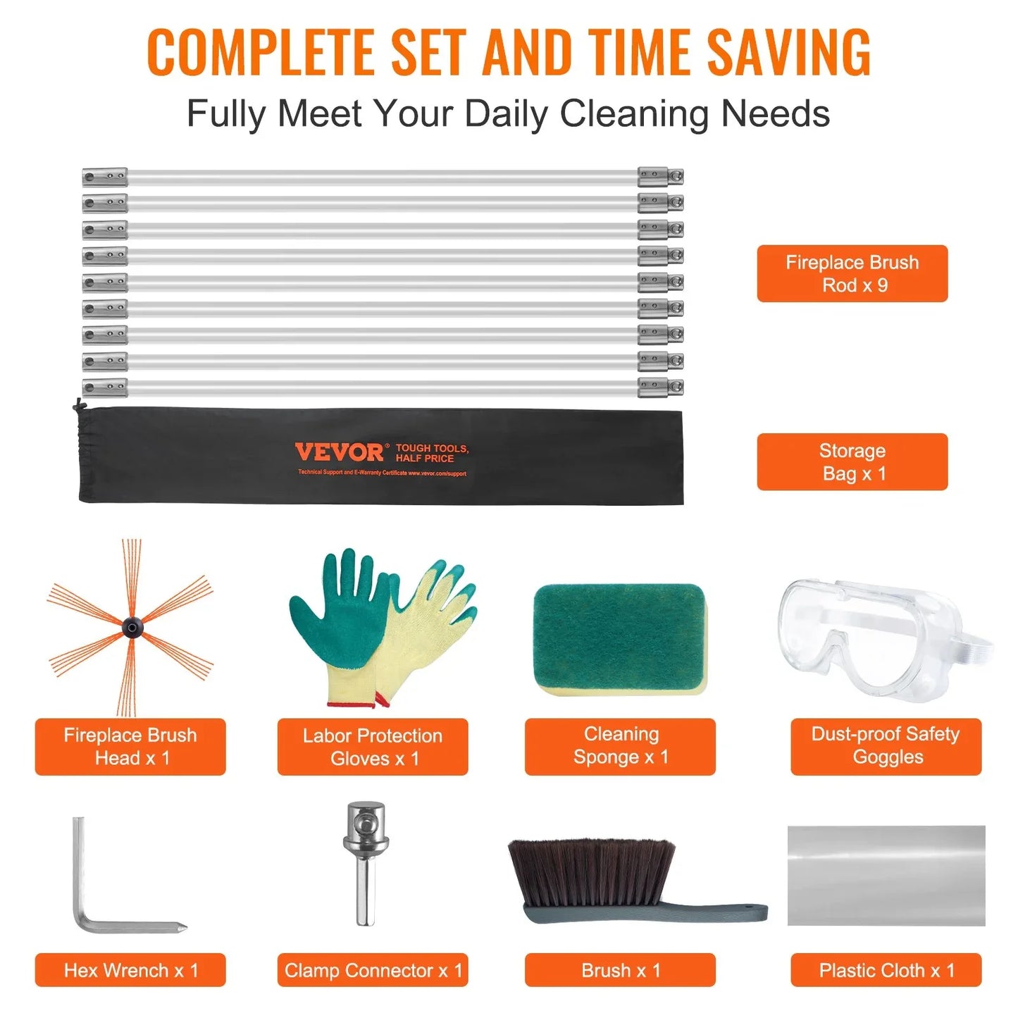 VEVOR 9 m Chimney Sweep Kit, w/ 9 Reinforced Nylon Flexible Rods, Ergonomic Chimney Cleaning Brush, 360-Degree Brush Chimney Cleaner, Rich Accessories for Fireplace Flue Home Use Fits most Pipes - Mekamart Australia