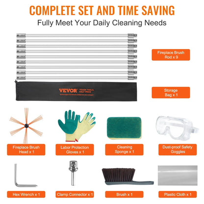 VEVOR 9 m Chimney Sweep Kit, w/ 9 Reinforced Nylon Flexible Rods, Ergonomic Chimney Cleaning Brush, 360-Degree Brush Chimney Cleaner, Rich Accessories for Fireplace Flue Home Use Fits most Pipes - Mekamart Australia