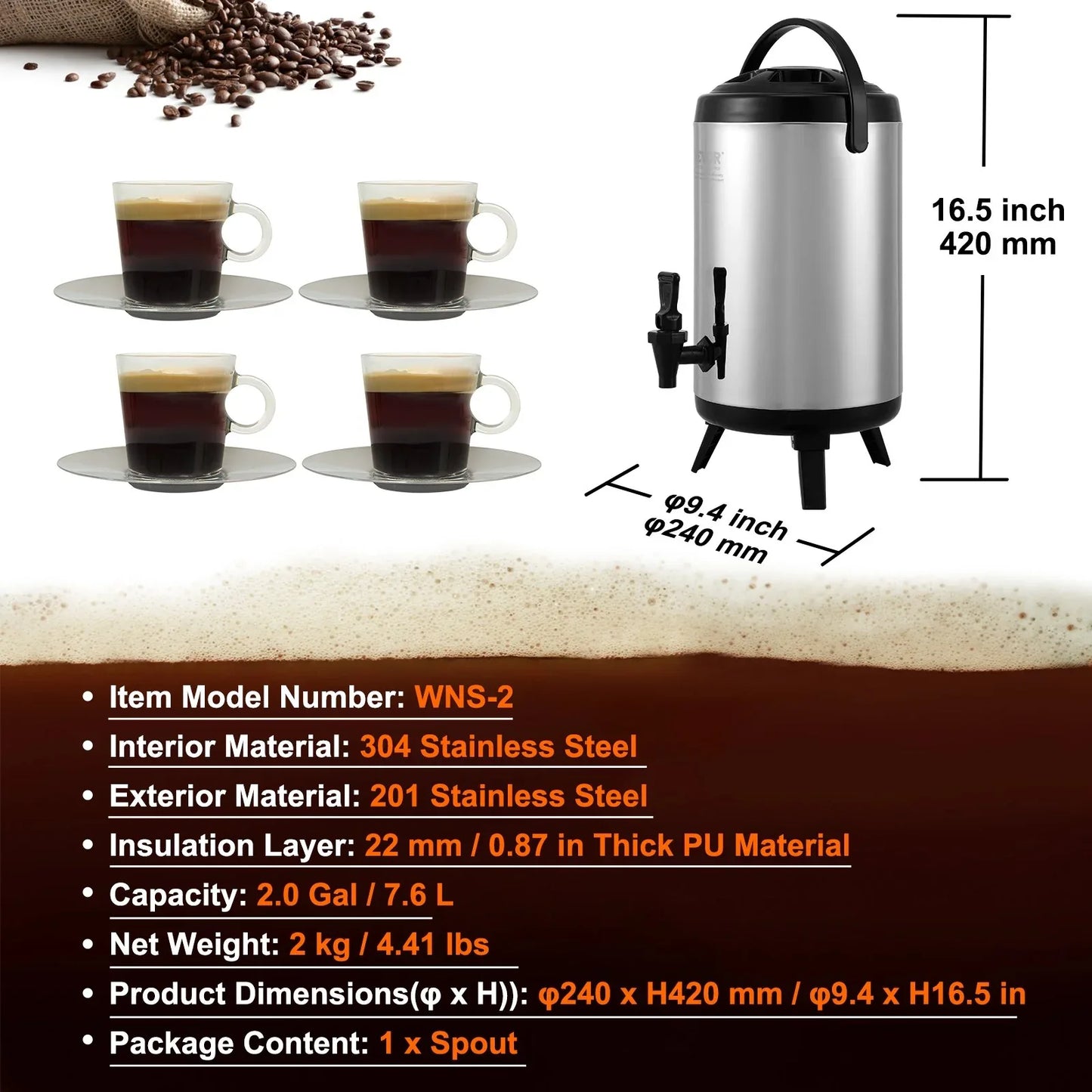 VEVOR Stainless Steel Insulated Beverage Dispenser, 7.6 Liter, Thermal Hot and Cold Drink Server Dispenser with Spigot Handle, Food-grade for Hot Tea Coffee Water Restaurant Drink Shop - Mekamart Australia