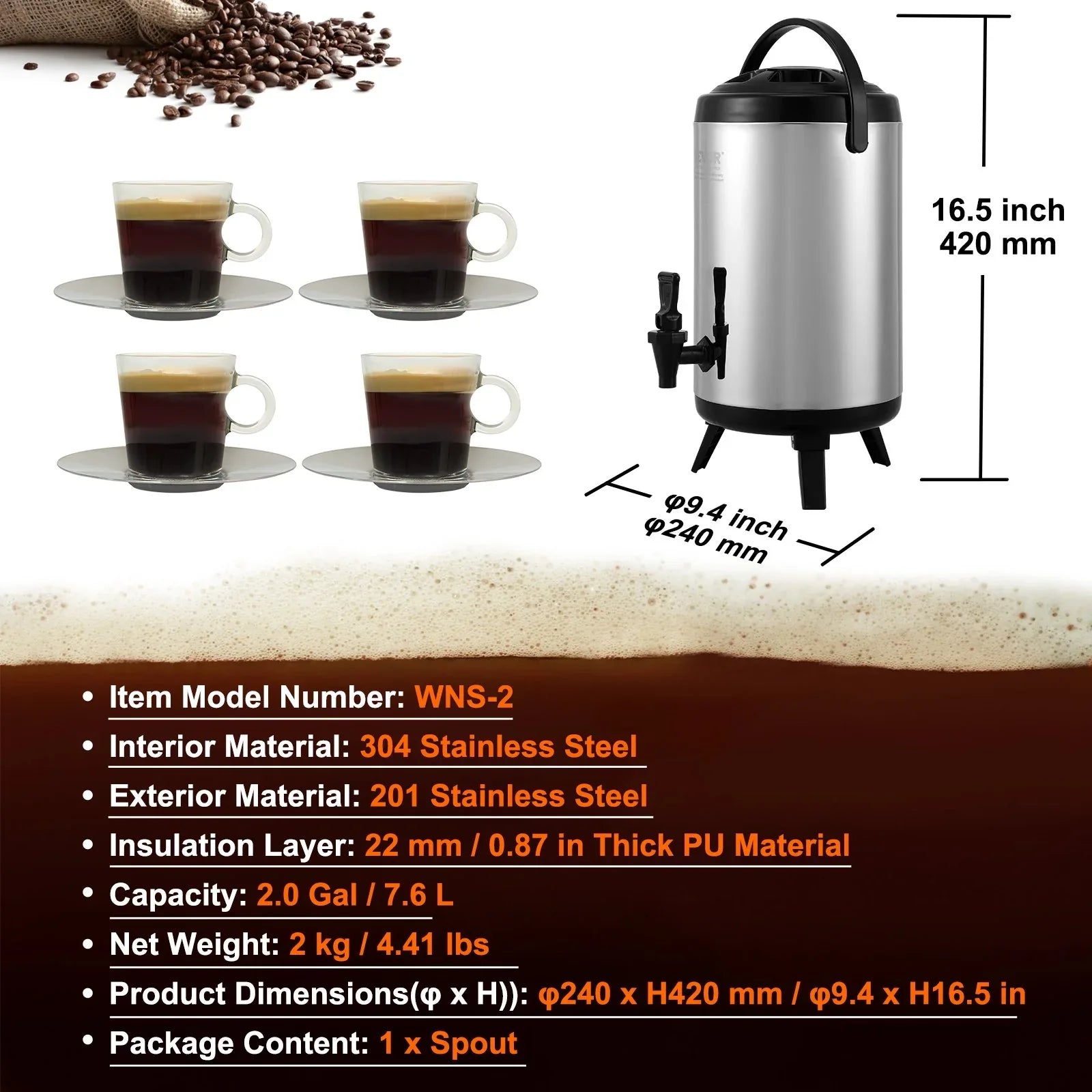 VEVOR Stainless Steel Insulated Beverage Dispenser, 7.6 Liter, Thermal Hot and Cold Drink Server Dispenser with Spigot Handle, Food-grade for Hot Tea Coffee Water Restaurant Drink Shop - Mekamart Australia