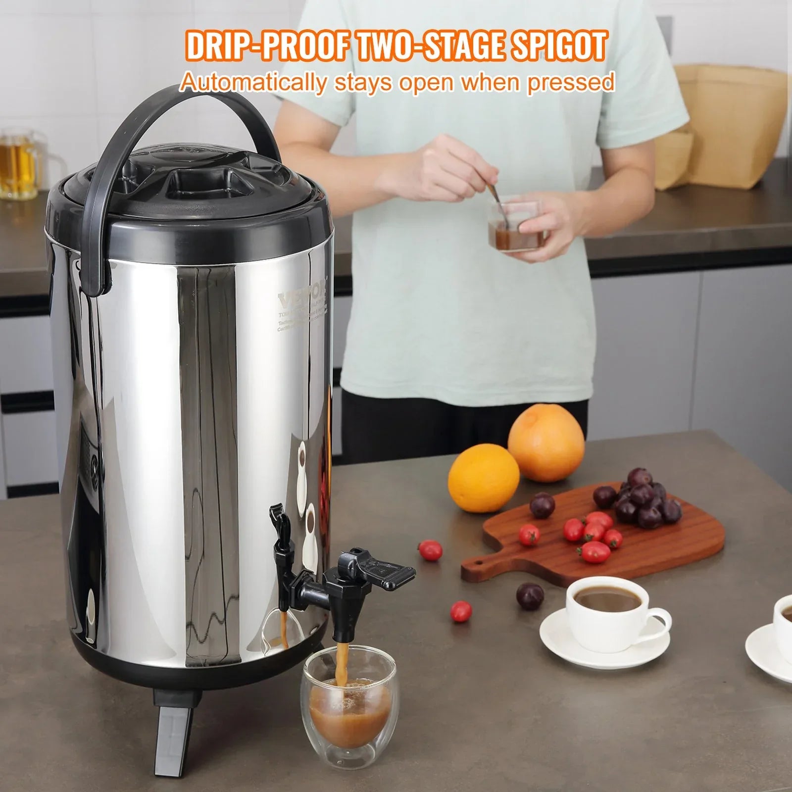 VEVOR Stainless Steel Insulated Beverage Dispenser, 9.2 Liter, Thermal Hot and Cold Drink Server Dispenser with Spigot Handle, Food-grade for Hot Tea Coffee Water Restaurant Drink Shop - Mekamart Australia